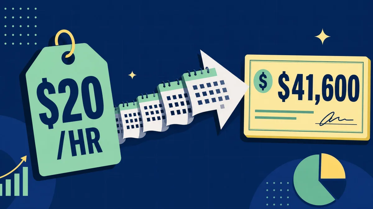 $20 an hour converted to $41,600 in annual gross pay