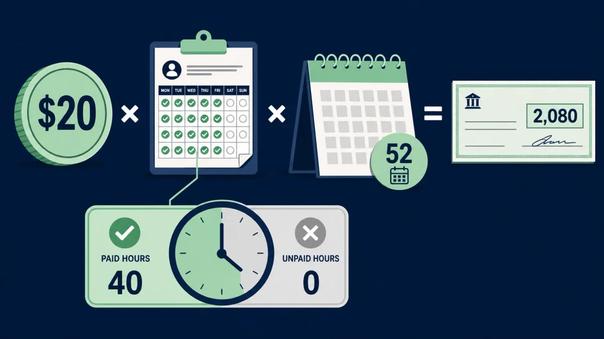 Formula showing how $20 an hour times 2,080 paid hours equals $41,600 a year