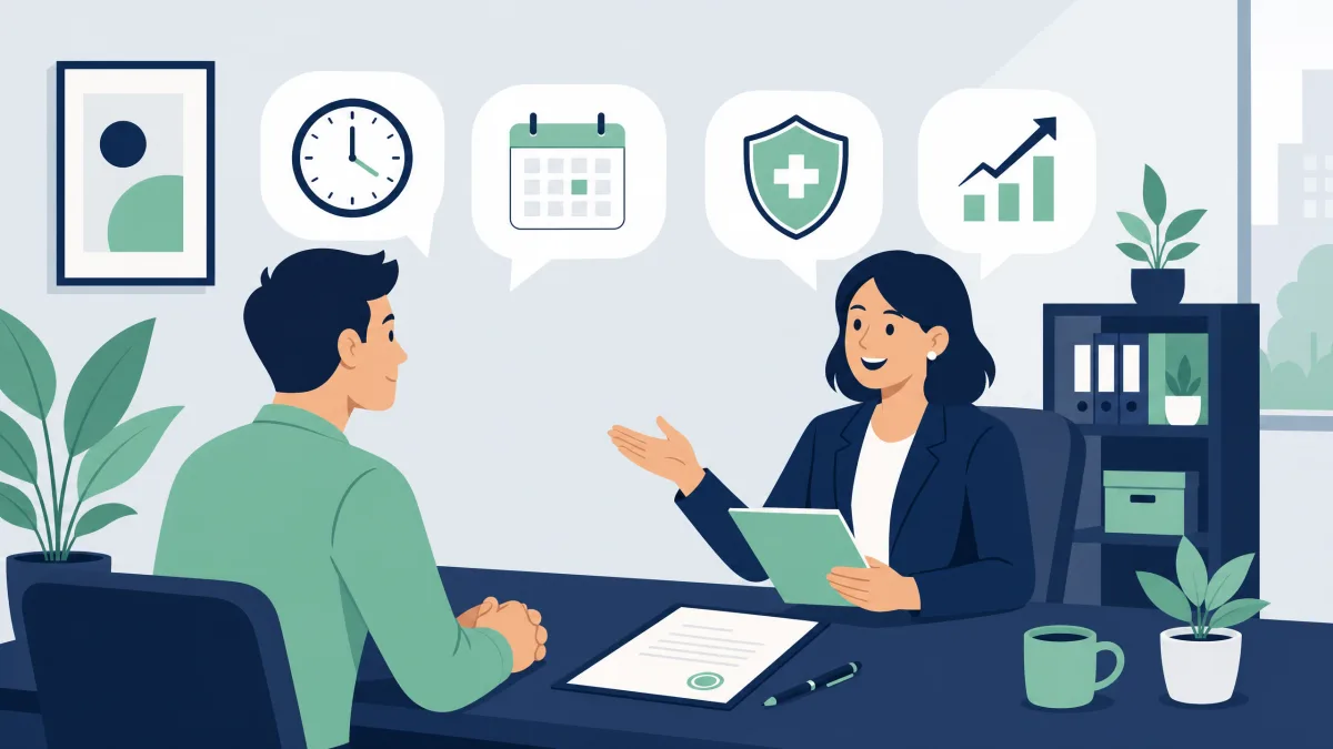 Candidate asking HR about paid hours, benefits and raises before accepting a $20 an hour offer