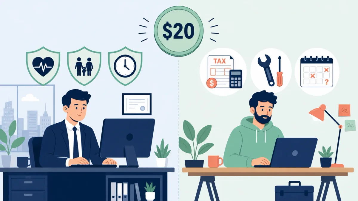 W-2 employee versus 1099 contractor compensation differences at $20 an hour