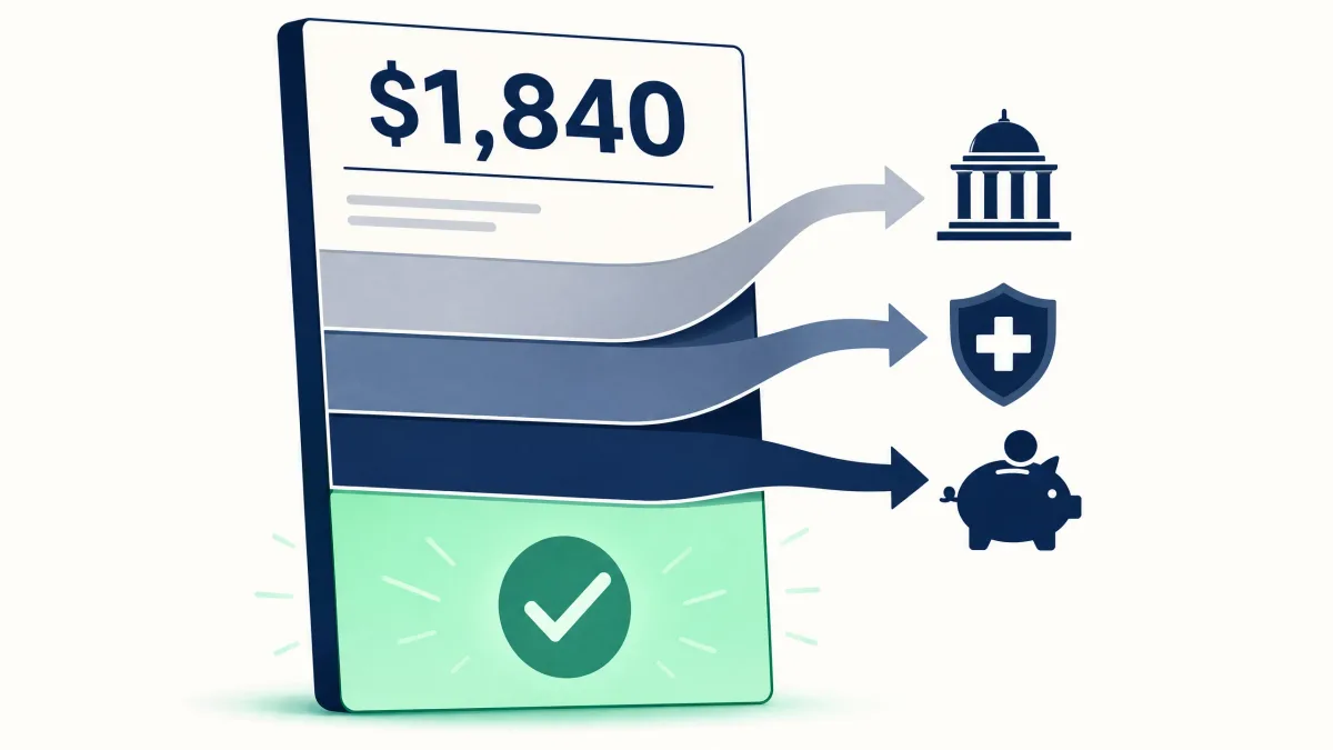 Biweekly $1,840 gross paycheck at $23 an hour reduced by tax withholding, health premiums and retirement contributions