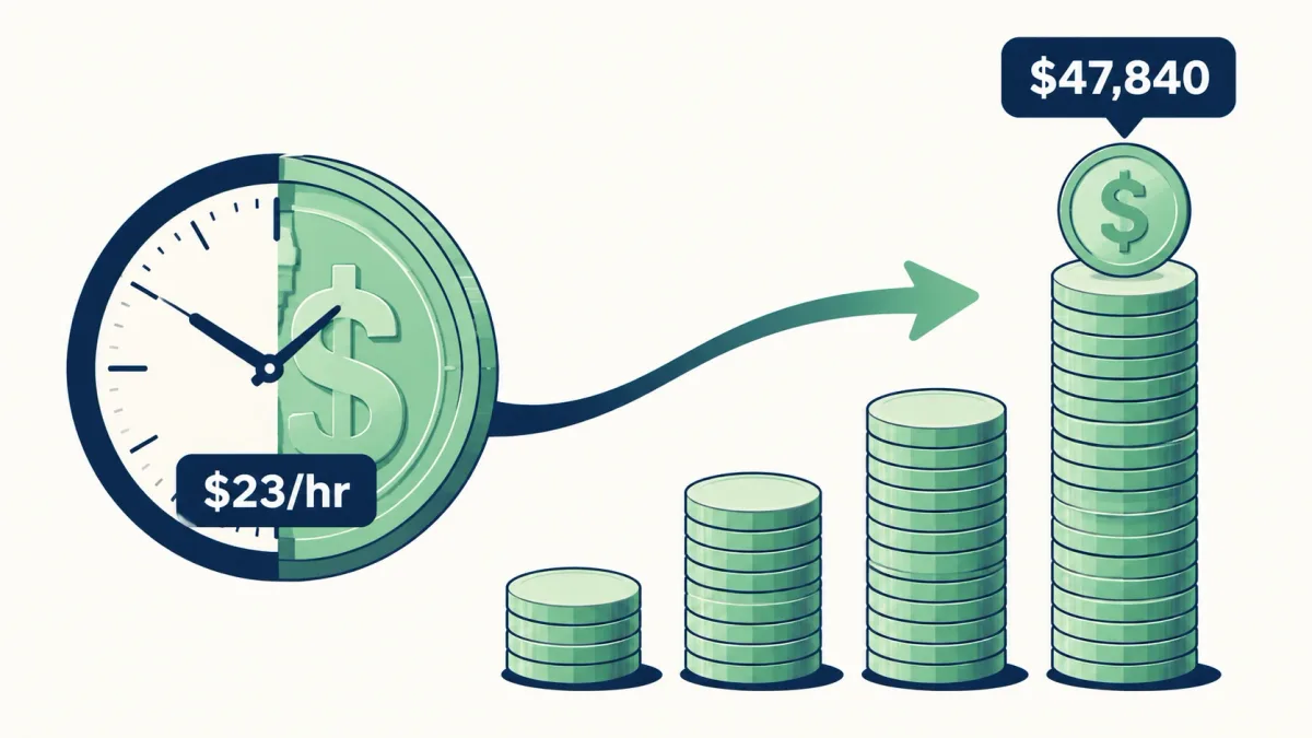 Infographic showing $23 an hour equals $47,840 a year, broken down into daily, weekly, monthly and yearly gross pay