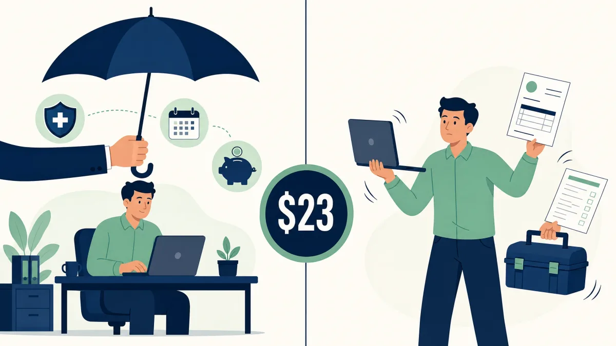 Side-by-side comparison of a $23 an hour W-2 employee with benefits versus a 1099 contractor covering their own costs