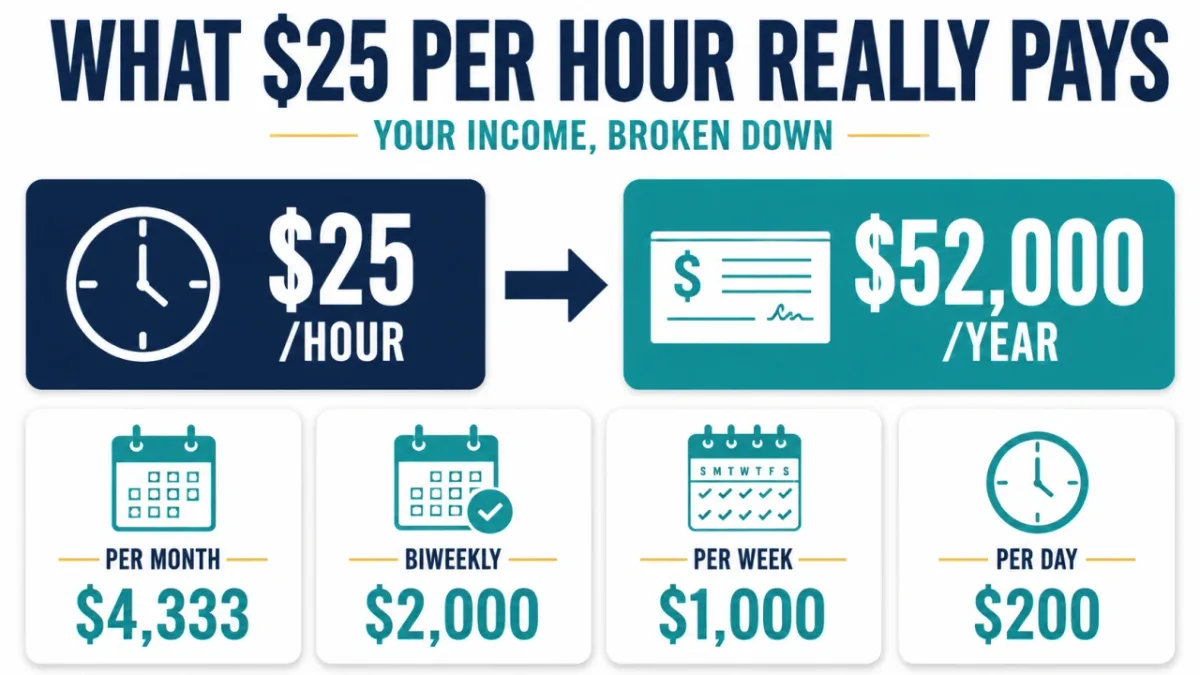 $25 an hour converted to $52,000 per year and common pay periods