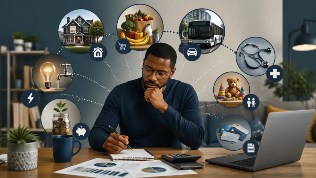Worker comparing take-home pay with essential living expenses