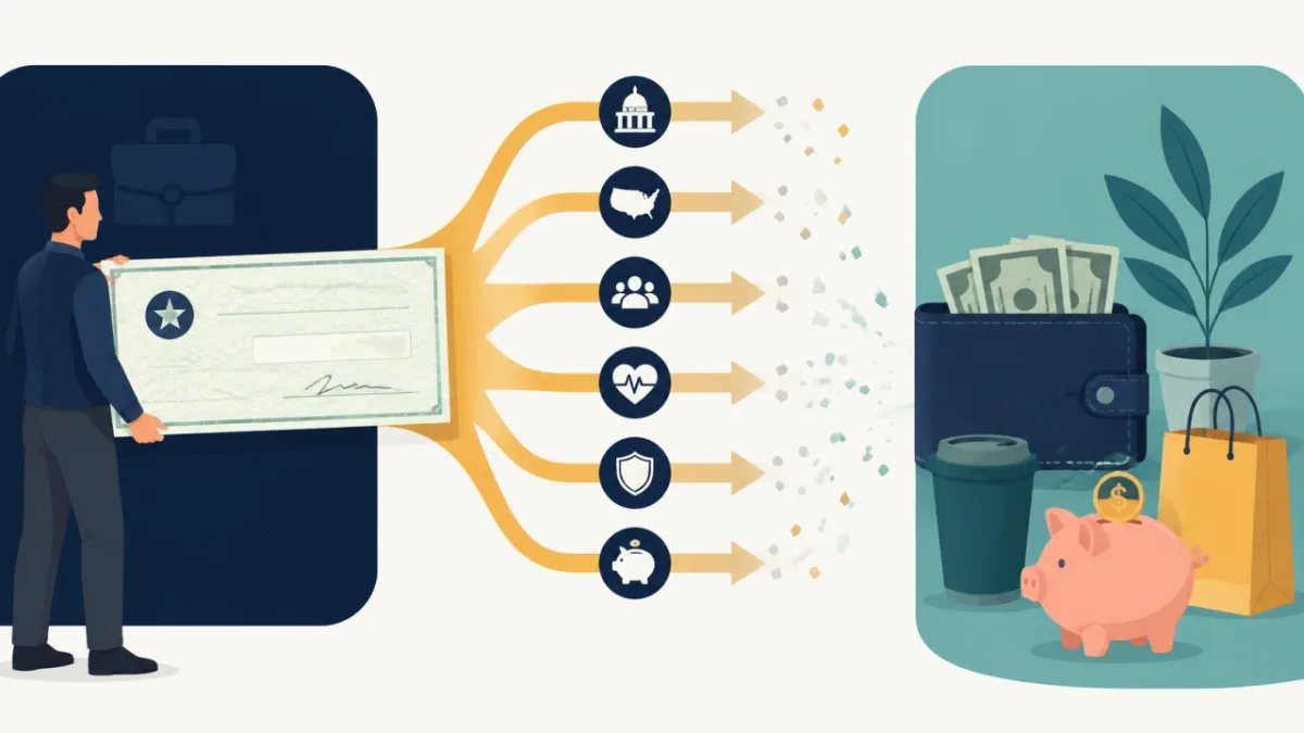 Gross pay reduced by taxes, benefits, and paycheck deductions
