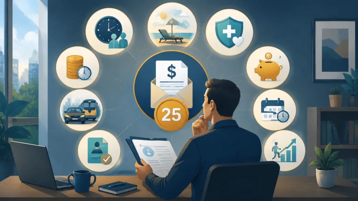 Job seeker evaluating pay, benefits, hours, and costs in a job offer