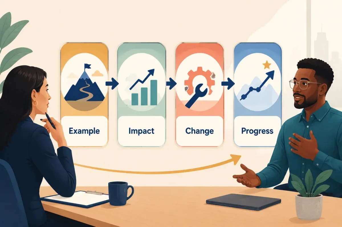 A candidate supports a weakness answer with an example, its impact, the change made, and evidence of progress.