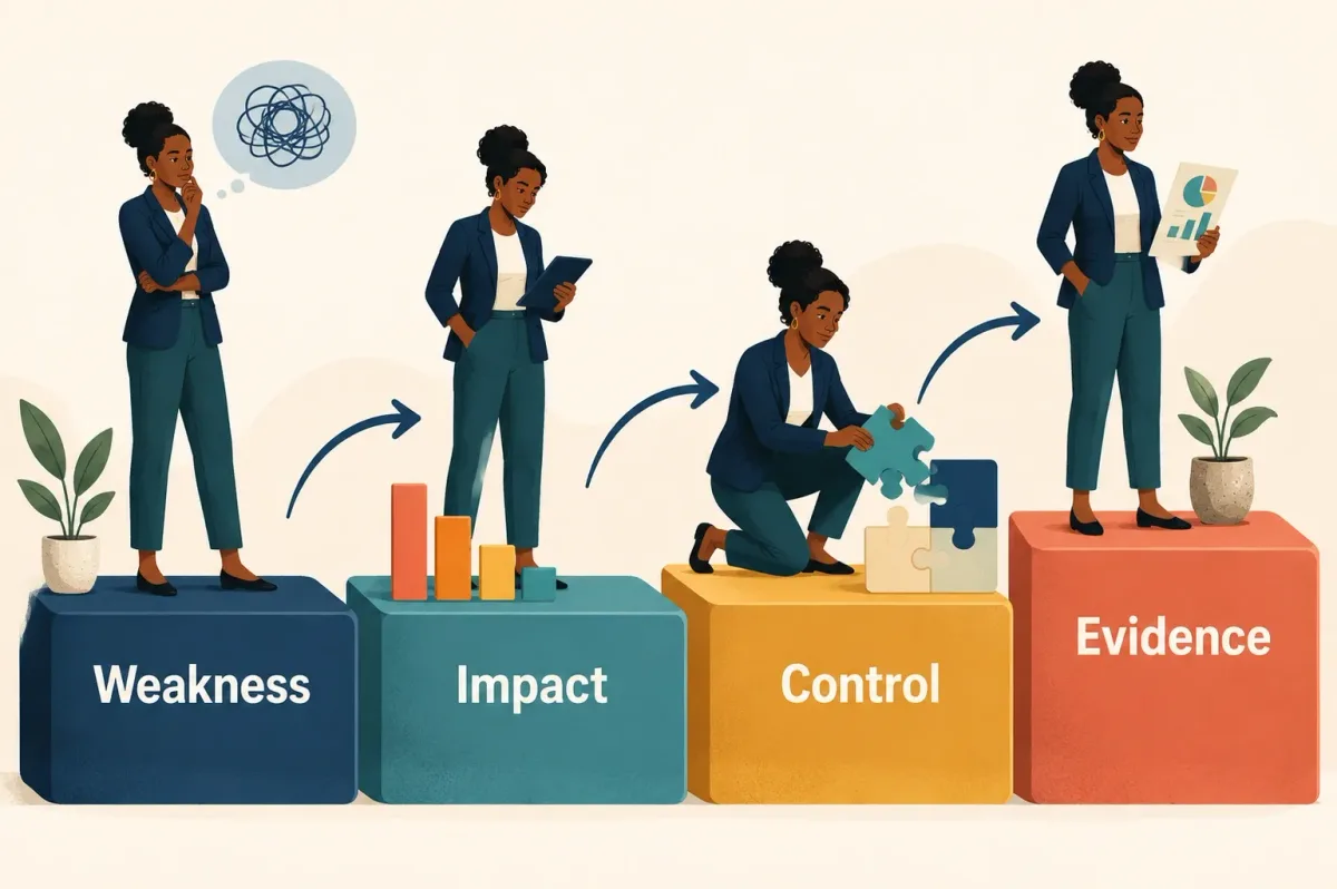 Four steps turn a real weakness into an answer covering impact, control, and evidence.