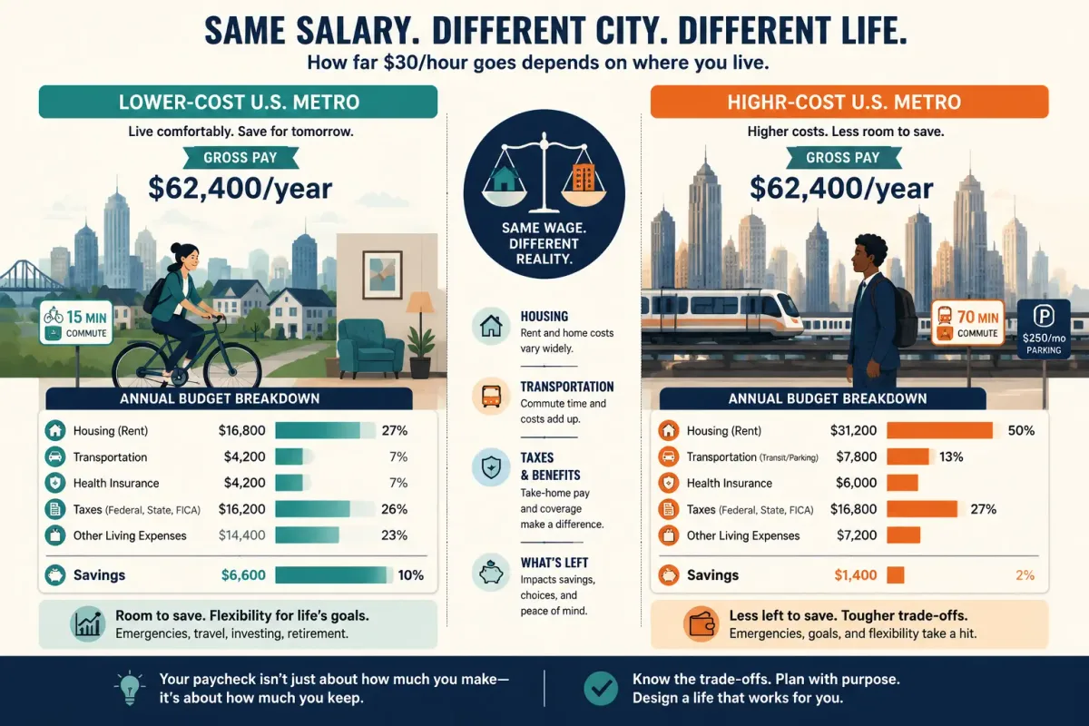 The same $30-an-hour salary goes further in a lower-cost area than in a high-cost metro with expensive housing and transportation.