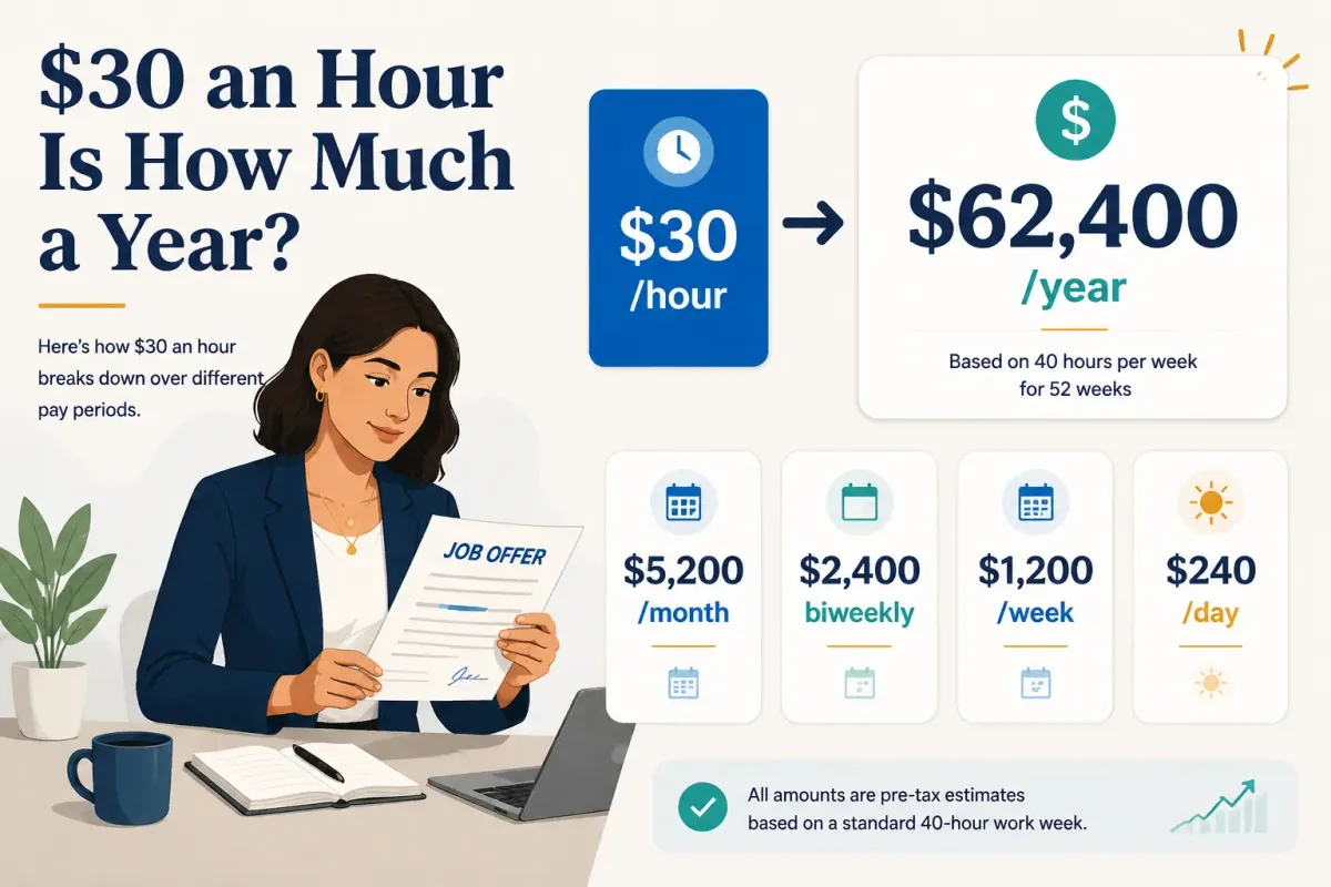 $30 an hour annual, monthly, biweekly, weekly, and daily gross pay breakdown