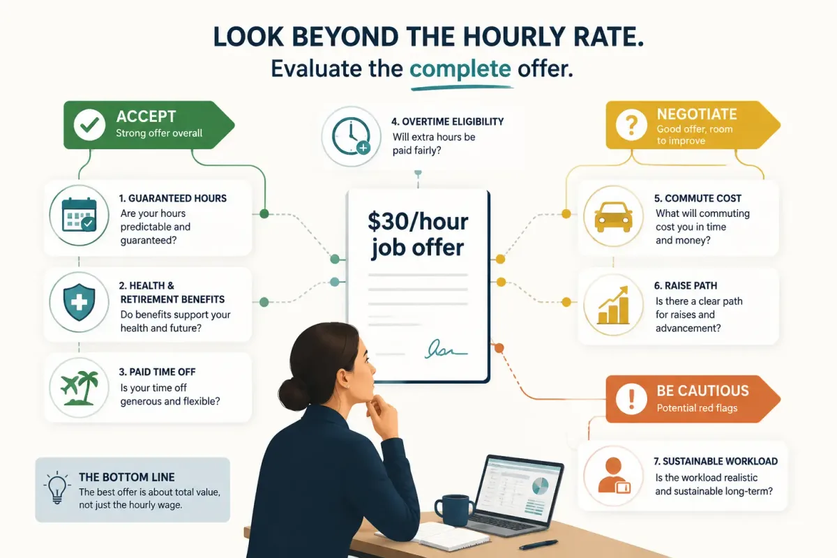 Checklist for deciding whether to accept, negotiate, or be cautious about a job offer paying $30 an hour.