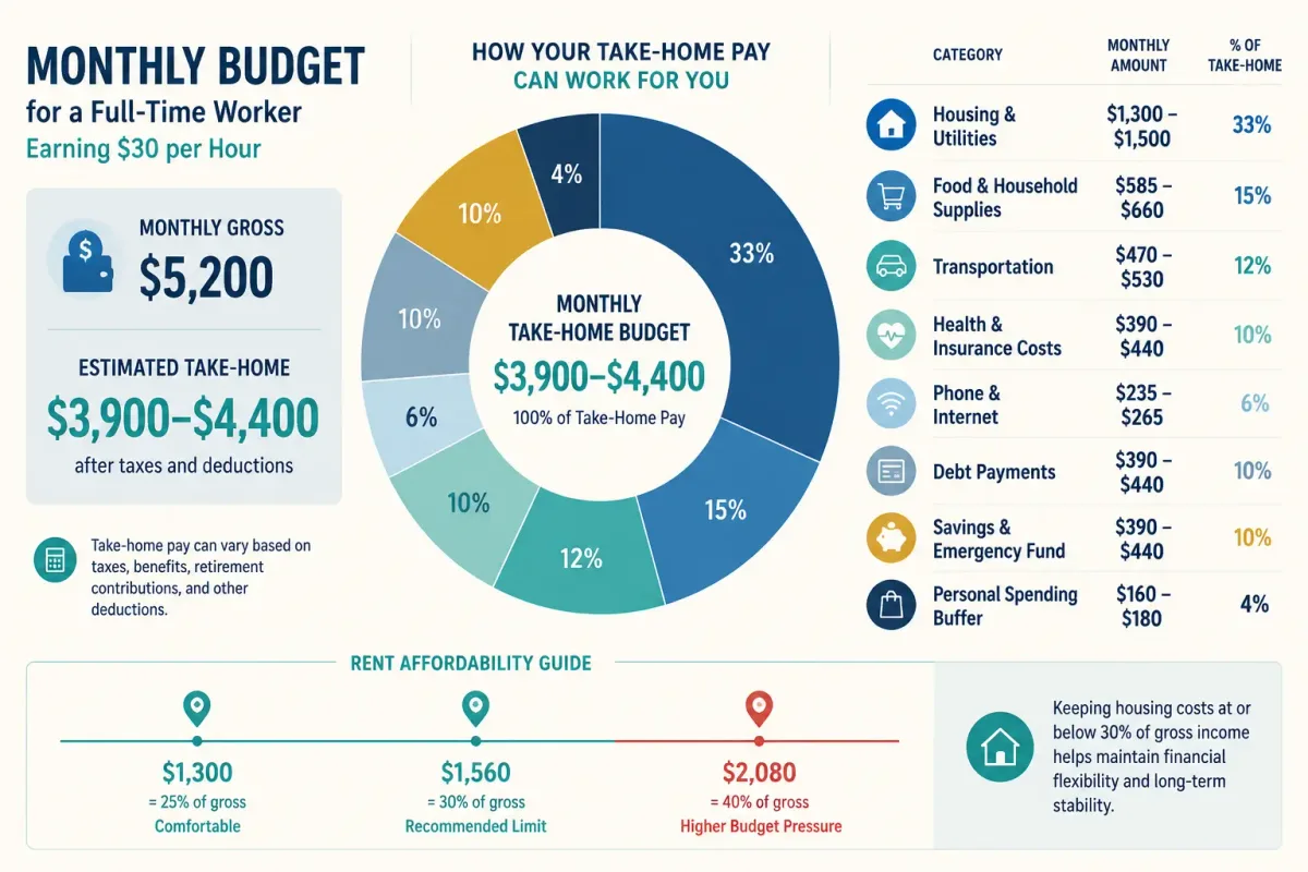 Sample monthly budget and rent affordability ranges for a full-time worker earning $30 an hour.