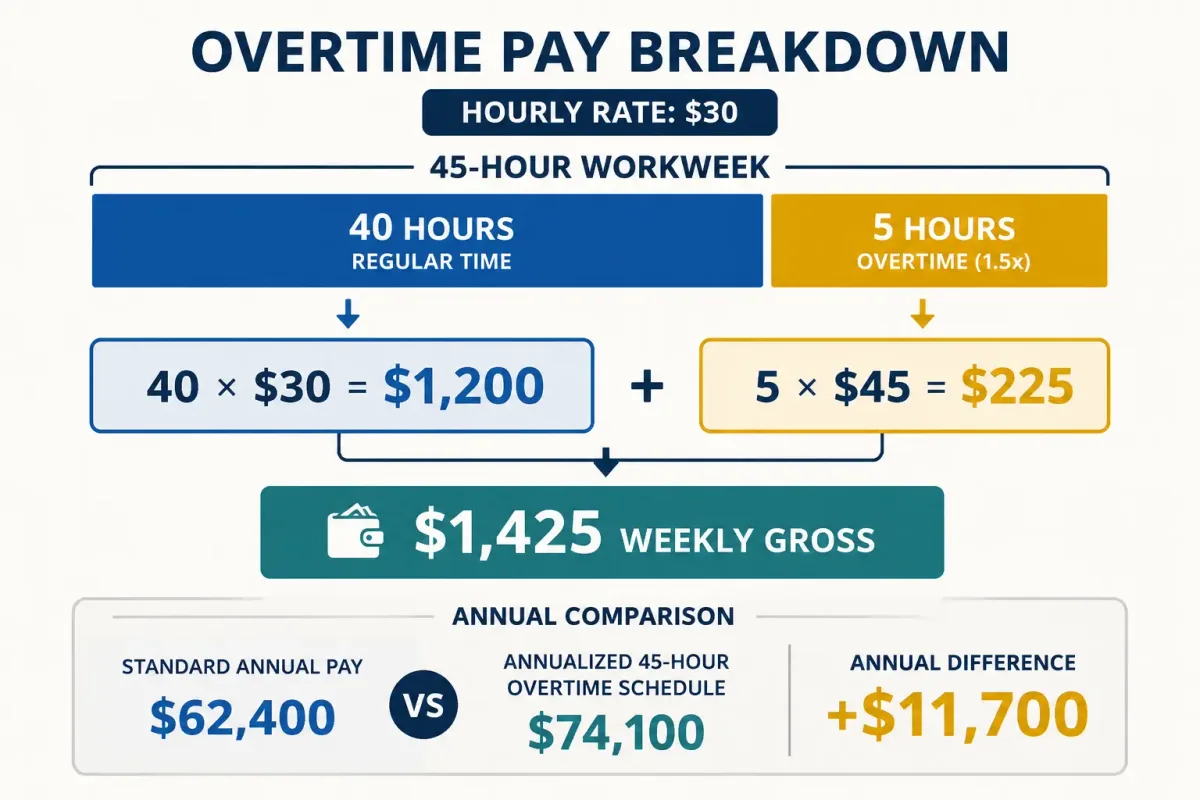 A 45-hour week at $30 an hour produces $1,425 gross with five overtime hours paid at $45 an hour.