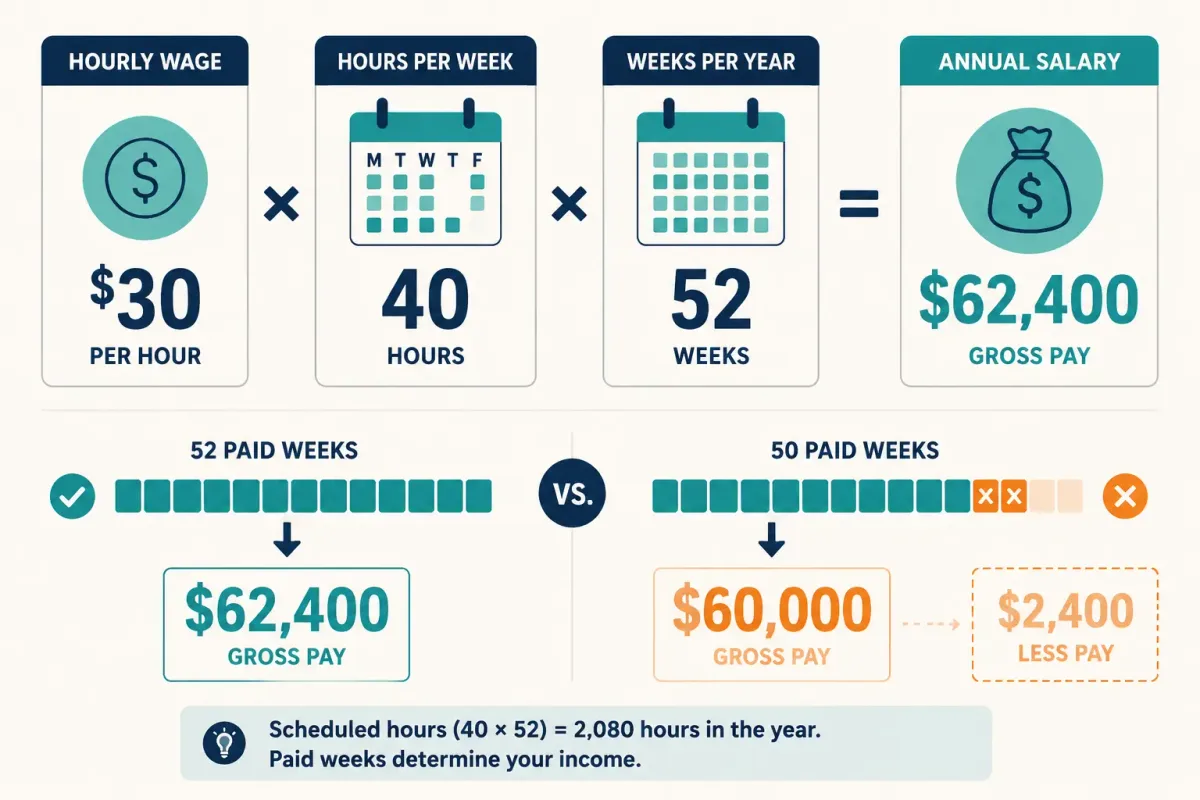 Formula showing $30 times 40 hours times 52 weeks equals $62,400, while two unpaid weeks reduce annual pay to $60,000.