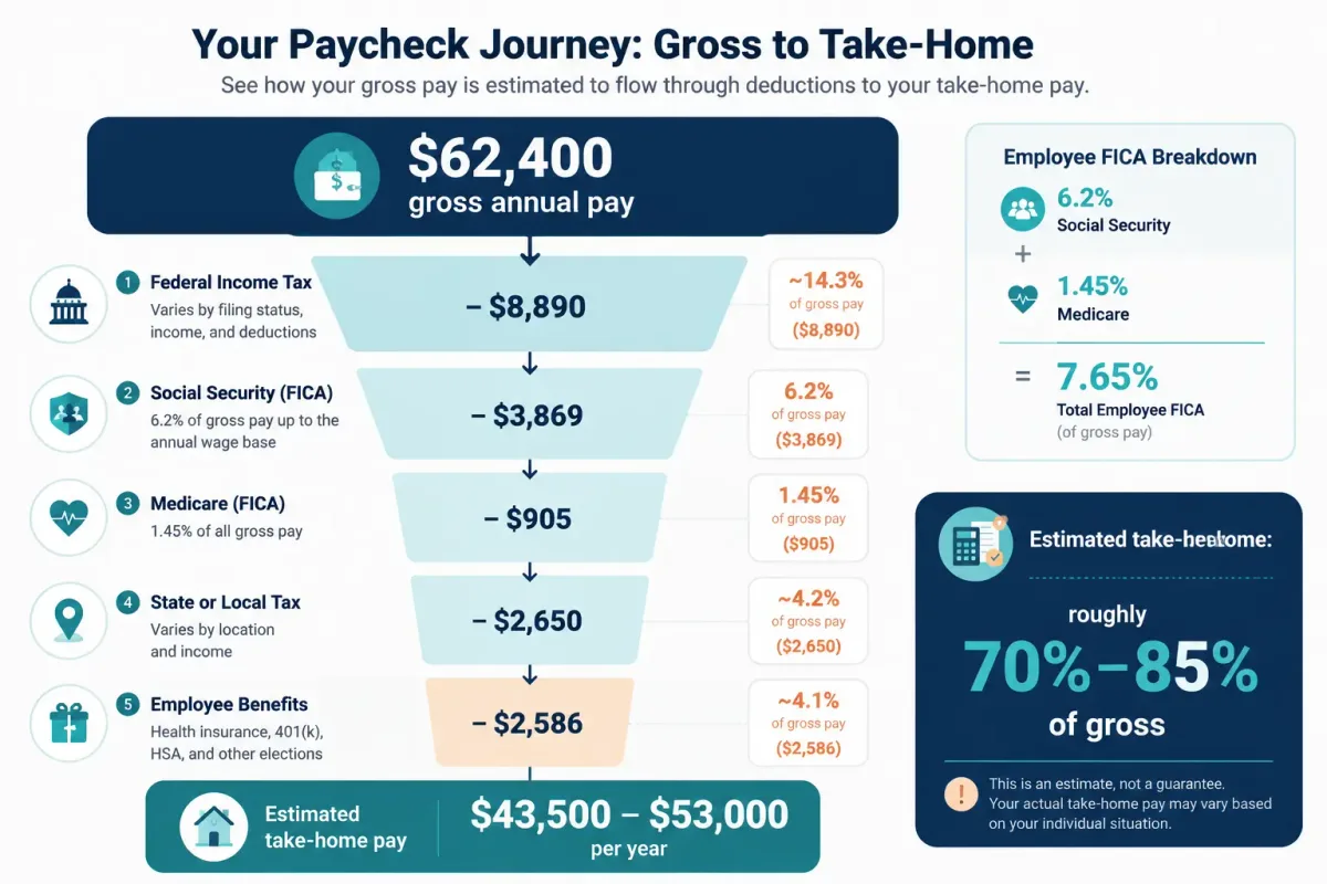 Illustration of how taxes, FICA, state taxes, and benefits reduce a $62,400 gross salary to take-home pay.