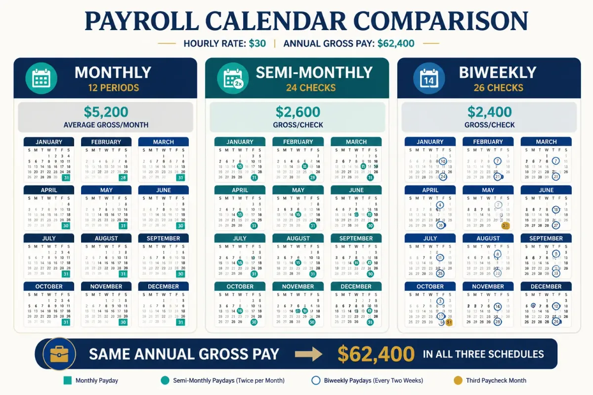 Comparison of monthly, semi-monthly, and biweekly pay schedules for a worker earning $30 an hour.