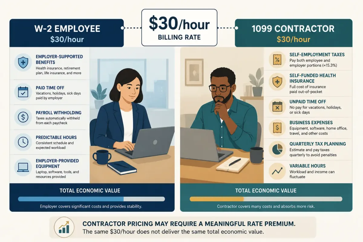 Comparison of the benefits, taxes, expenses, and schedule risks of W-2 and 1099 work at $30 an hour.