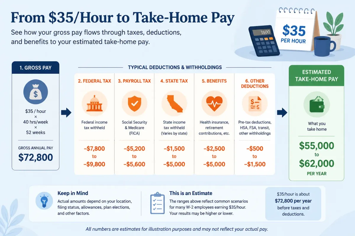 Estimated after-tax take-home pay for someone earning $35 an hour