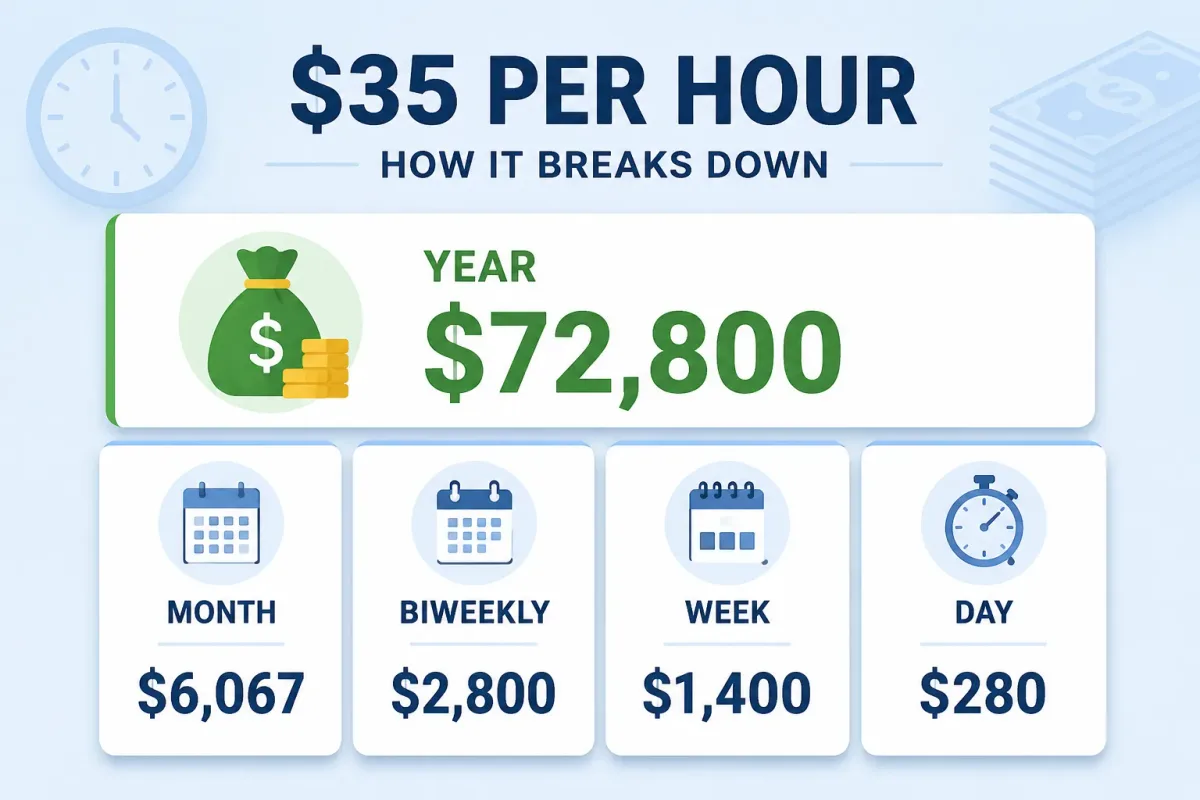 $35 an hour pay breakdown by year month biweekly week and day