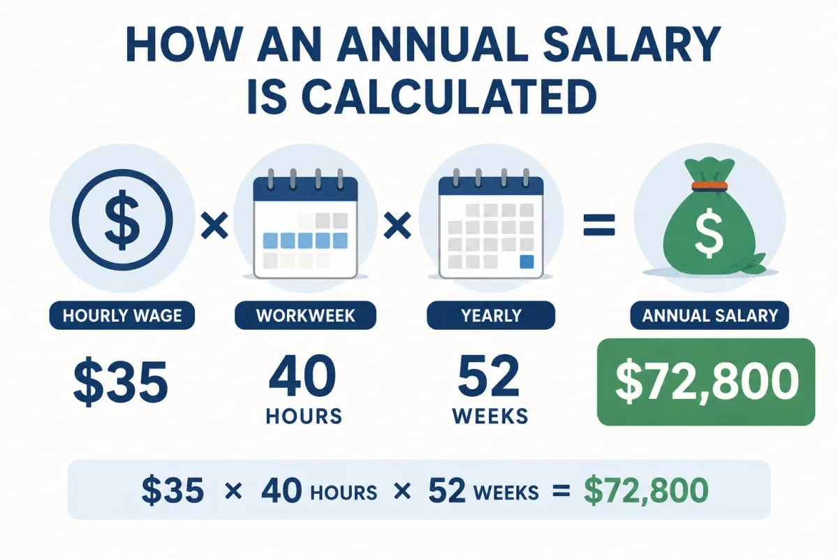 Formula showing how $35 an hour becomes $72,800 a year