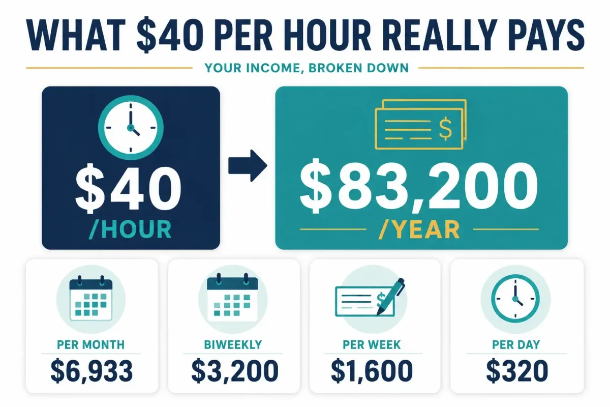 $40 an hour converted to $83,200 annual pay with monthly, biweekly, weekly and daily amounts
