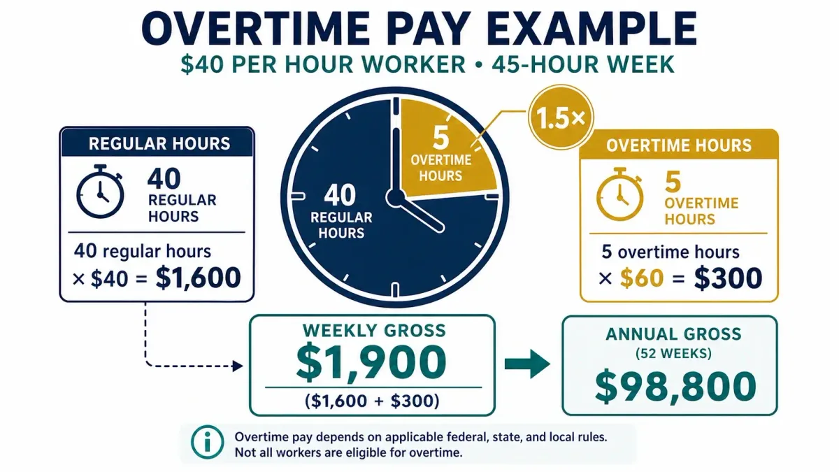 Five overtime hours at $60 raise weekly gross pay to $1,900 and annual pay to $98,800