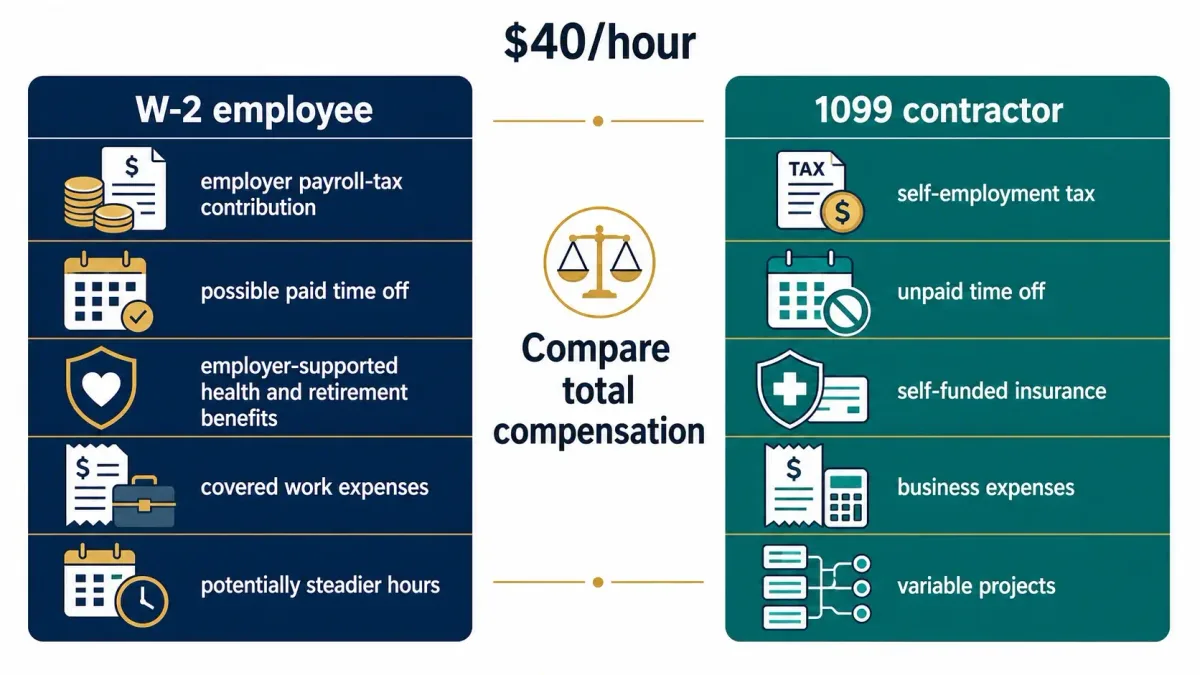 $40-an-hour W-2 employment compared with $40-an-hour 1099 contract work