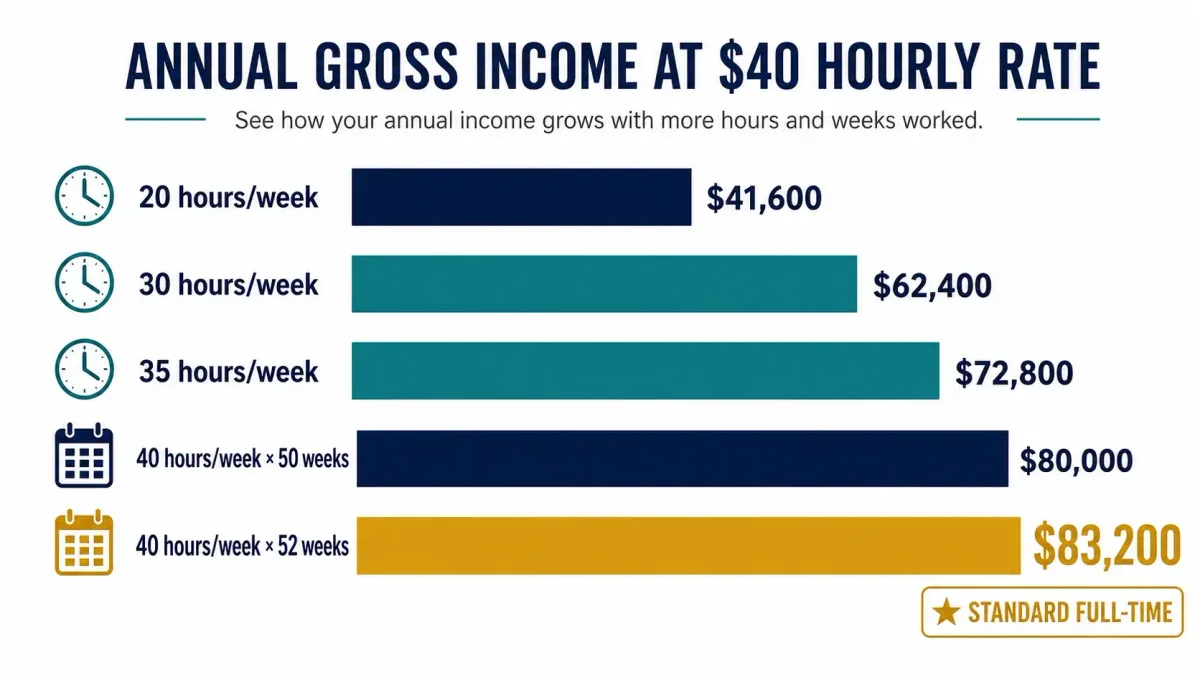 Annual income at $40 an hour for different weekly hours and paid working weeks