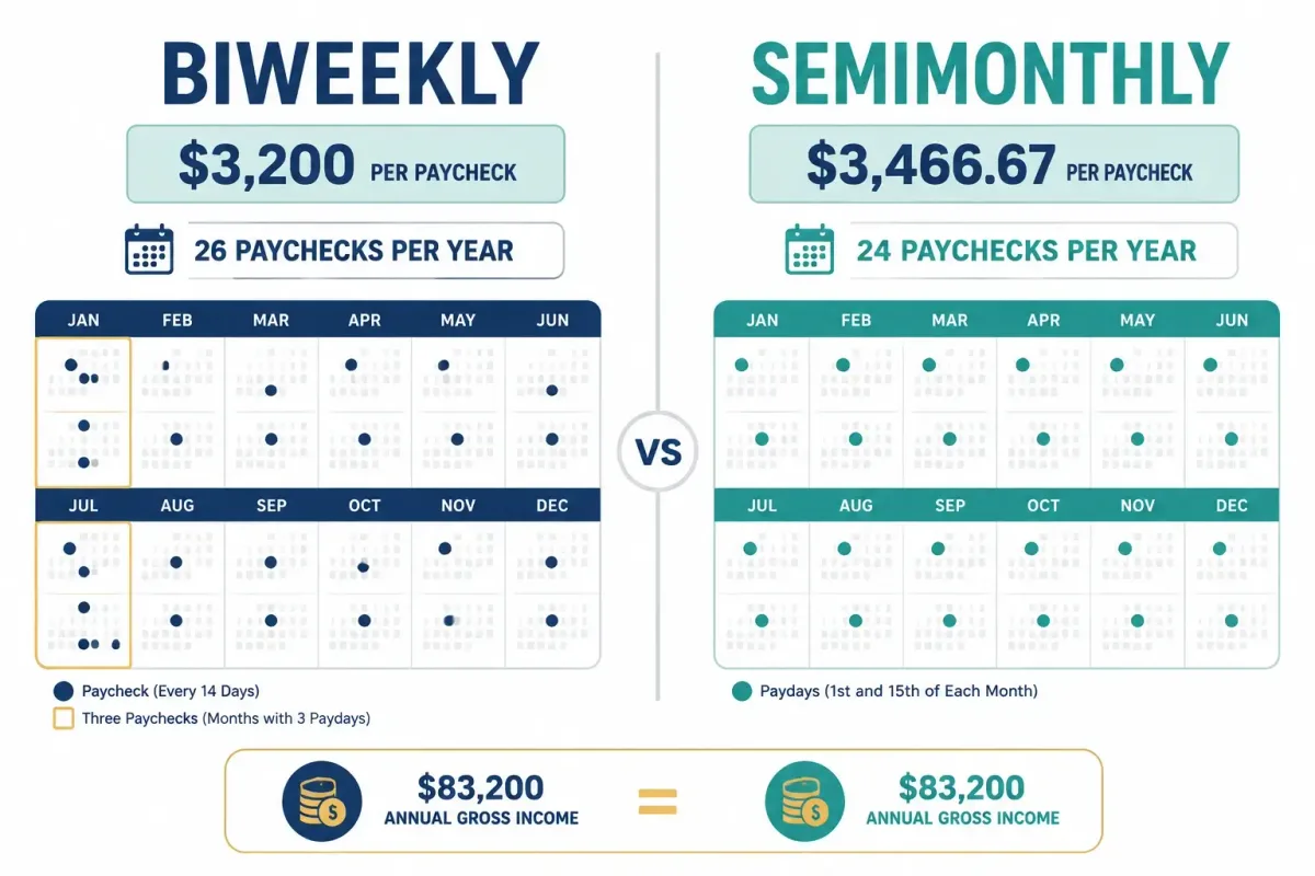 Biweekly pay of $3,200 compared with semimonthly pay of $3,466.67 at $40 an hour