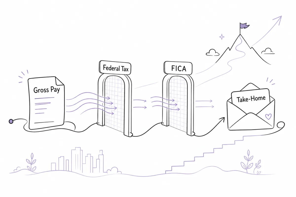 Gross salary passing through federal tax and FICA deductions before becoming take-home pay.