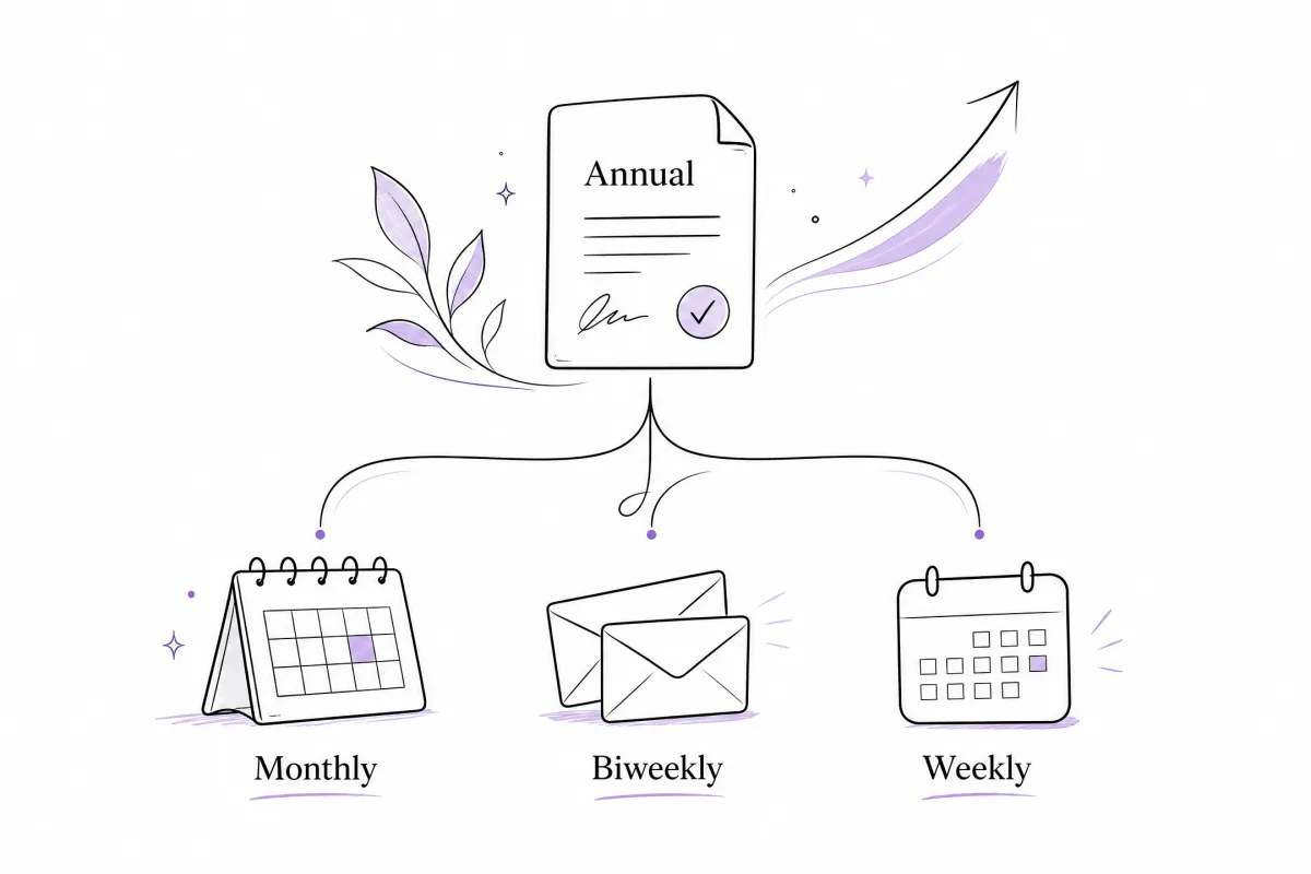 Annual salary divided into monthly, biweekly, and weekly gross pay periods.