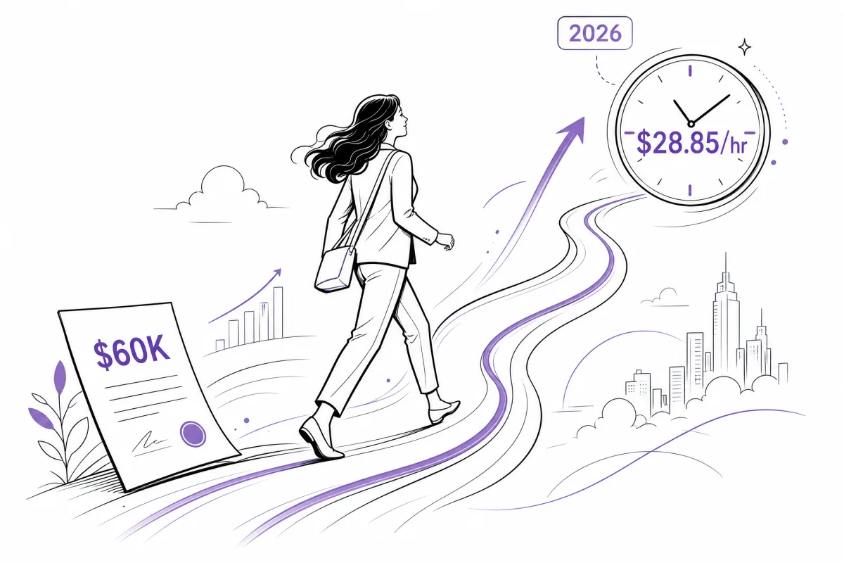 A $60K annual salary converting to $28.85 per hour in a career-focused illustration