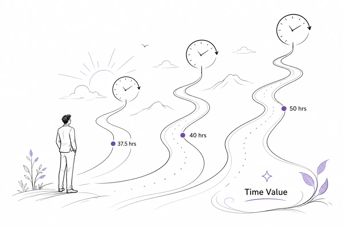Different weekly work schedules changing the hourly value of a $60K salary.