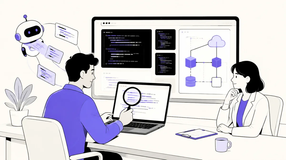 Engineer reviewing AI-generated code during a technical interview