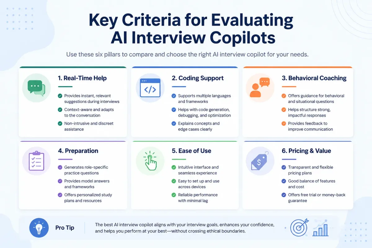 Six criteria used to evaluate AI interview copilot tools