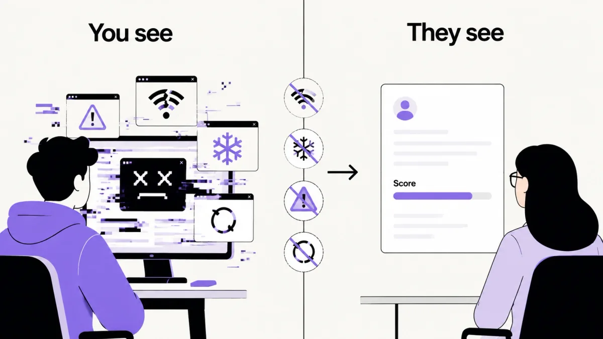 Candidates see the technical failures but recruiters only receive a score or transcript