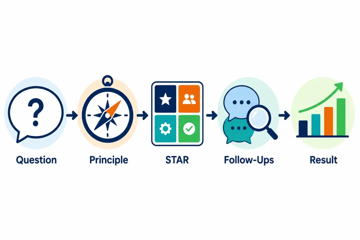 Behavioral answer flow from question and leadership principle to STAR evidence and follow-ups