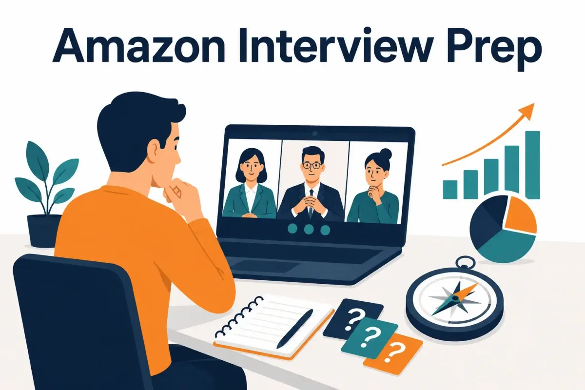 Candidate preparing for an Amazon video interview with question cards and performance charts