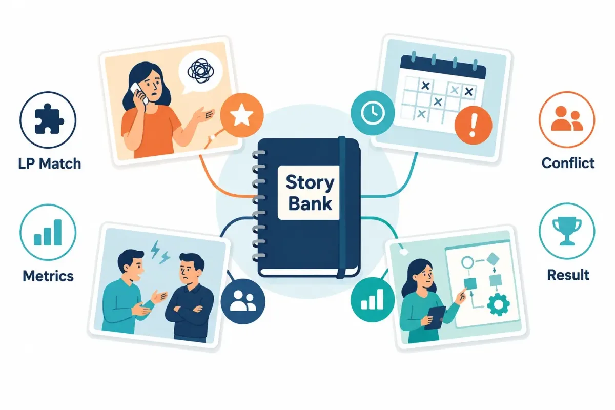 Amazon interview story bank mapped to leadership principles, conflicts, metrics, and results
