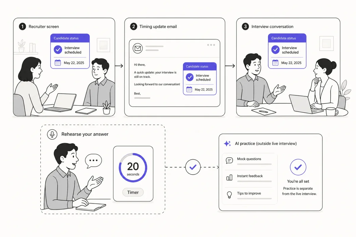 Candidate keeping interview status consistent across calls, updates, and permitted AI practice