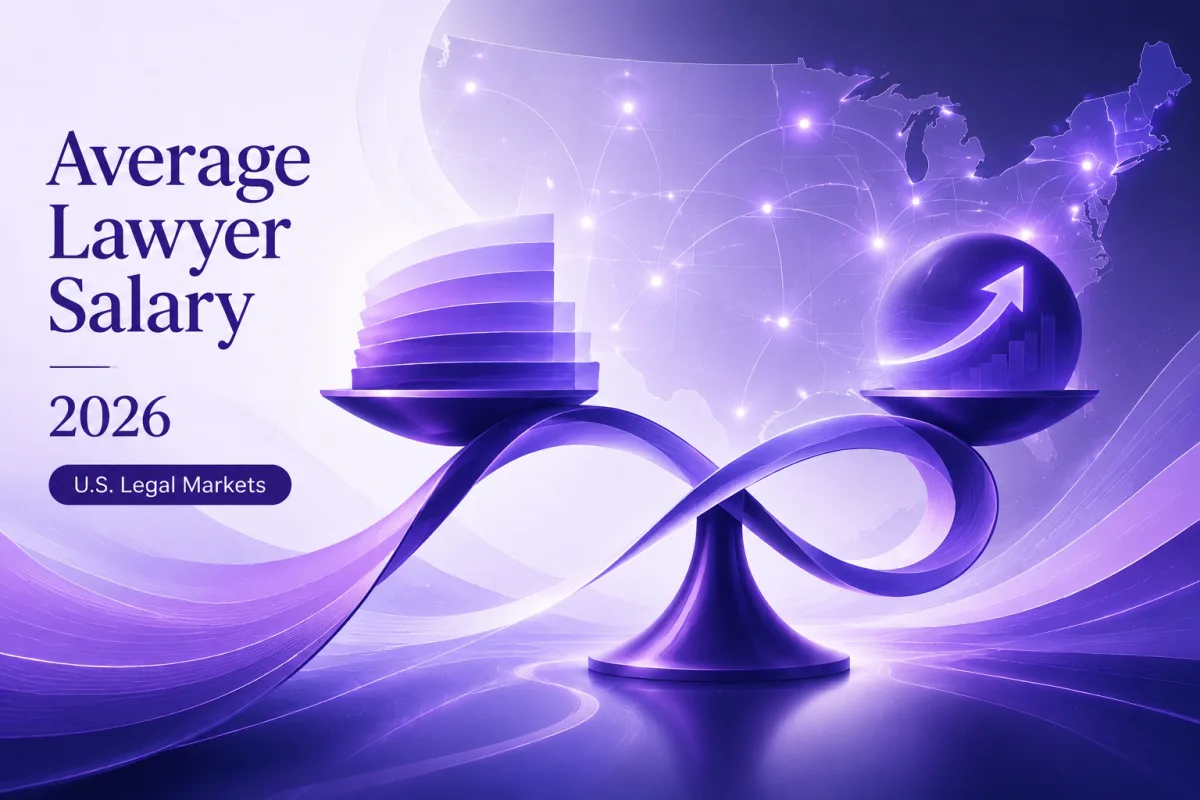 Abstract balance scale comparing average lawyer salary across U.S. legal markets in 2026