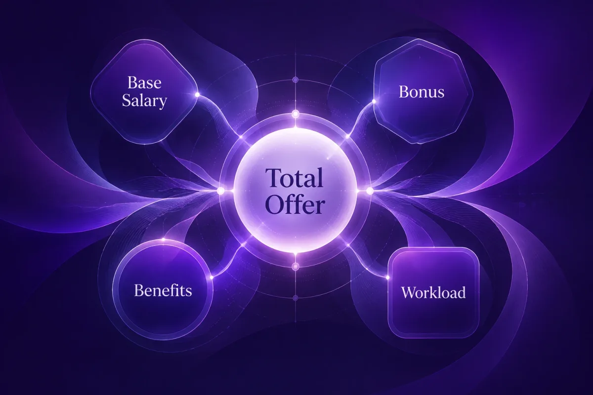 Total lawyer job offer framework combining base salary, bonus, benefits, and workload