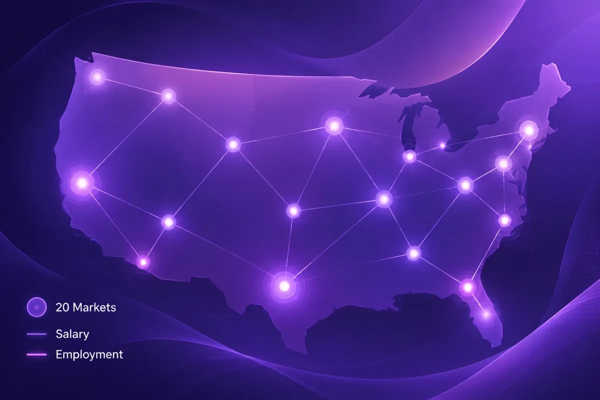 U.S. map highlighting 20 legal markets selected for salary and employment opportunities