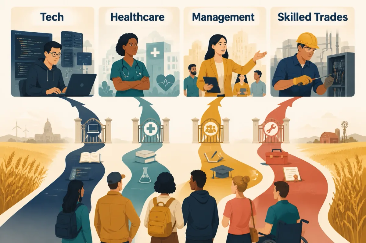 Four career paths illustrate higher-paying opportunities in technology, healthcare, management, and skilled trades.