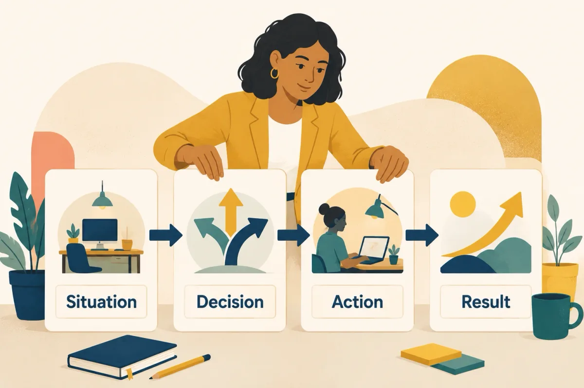 A job candidate organizes interview evidence into situation, decision, action, and result.