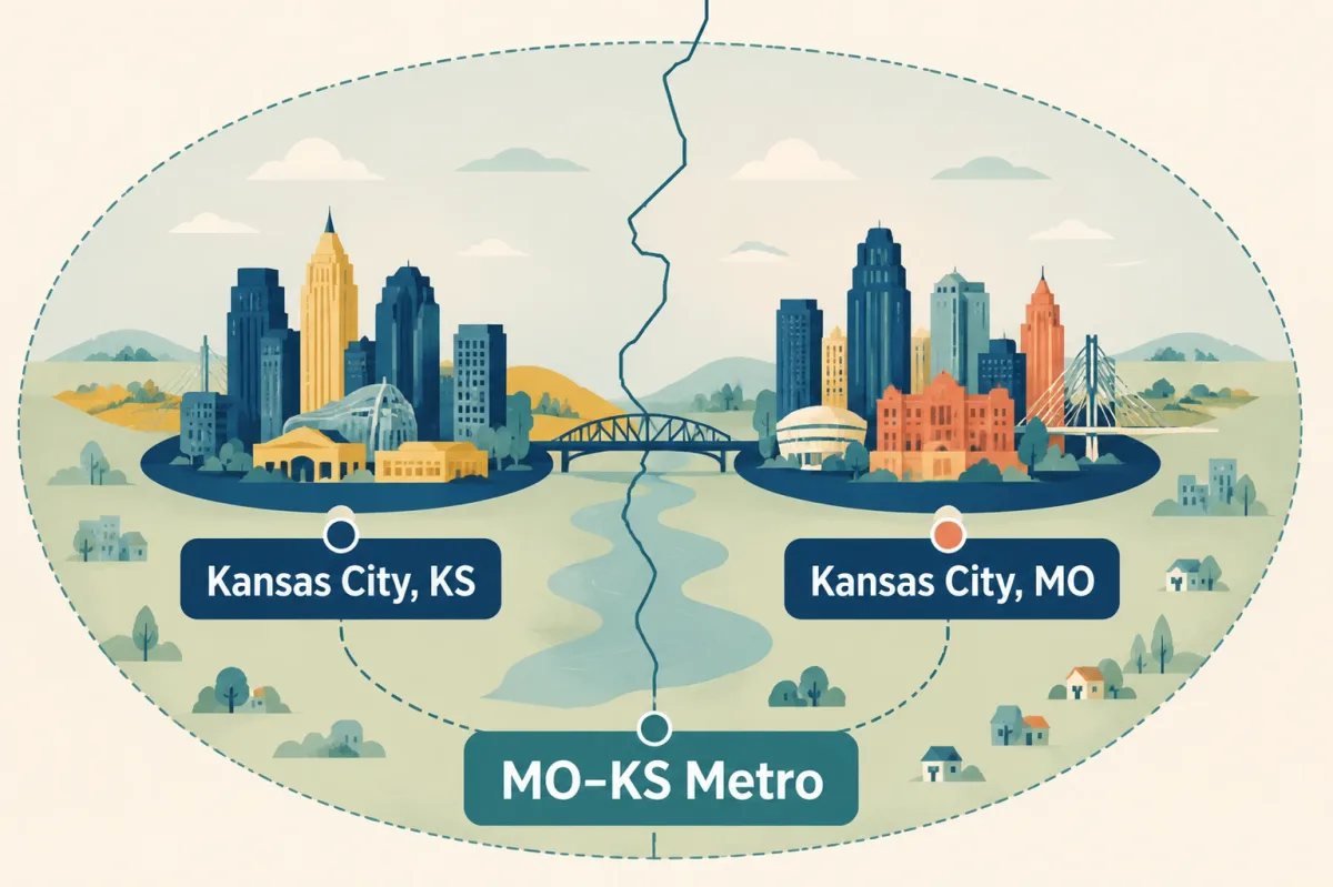 Simplified map showing Kansas City, Kansas and Kansas City, Missouri within the wider two-state metro area.