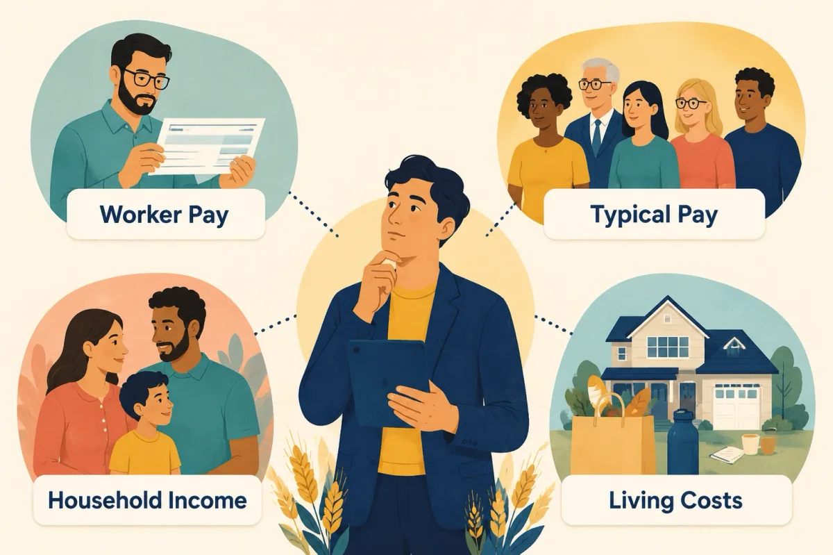 Four visual lenses distinguish individual pay, typical worker pay, household income, and living costs in Kansas