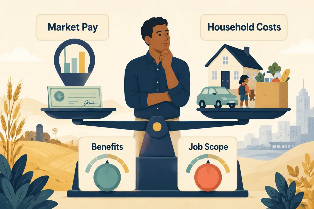 A salary decision scale balances Kansas market pay with household costs, benefits, and job scope.