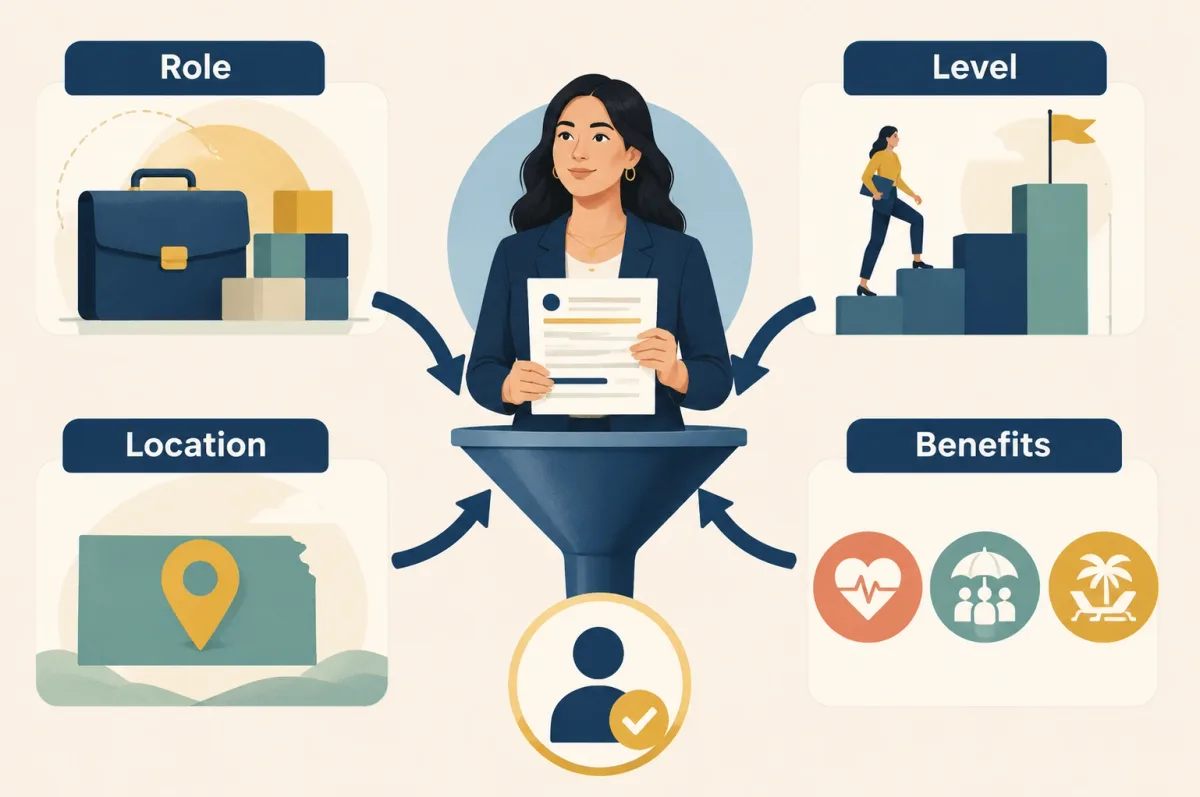 A job candidate evaluates salary using role scope, career level, location, and benefits.